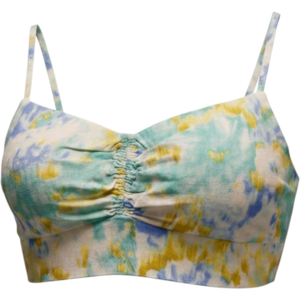 Christian Lacroix Womens Tie Dye Linen Blend Ruched Crop Top Blue Yellow Size M